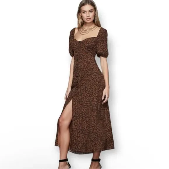 Good American Corset Leopard Print Puff Sleeve Maxi Dress Sml XL  Mocha Mousse - Picture 13 of 15
